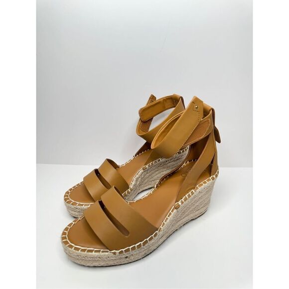 Franco Sarto Leather Sandals Womens‎ Size 9.5 Brown Wedges Open Toe Ankle Strap - Picture 2 of 10